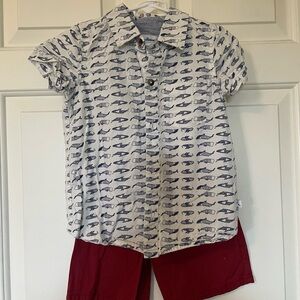 Tommy Bahama Kids Whale Print Button Down Shirt with Red Shorts